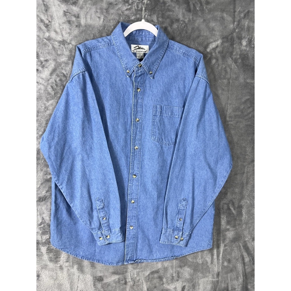 Tri-Mountain Mens XL Denim Button Down Shirt Long Sleeve Blue Workwear RN 88051